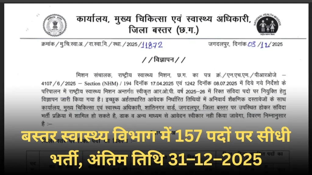 Bastar Health Department Recruitment 2025 – 157 पदों पर मेरिट बेस्ड भर्ती 2025