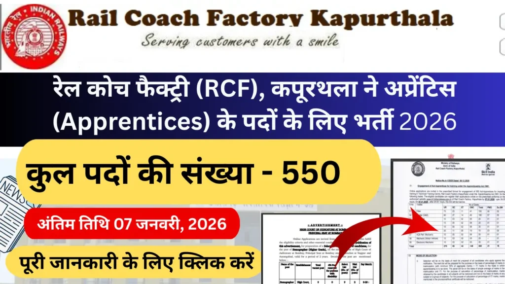 रेल कोच फैक्ट्री कपूरथला में अप्रेंटिस भर्ती 2026 – कुल 550 पद, ऑनलाइन आवेदन 07 जनवरी तक
