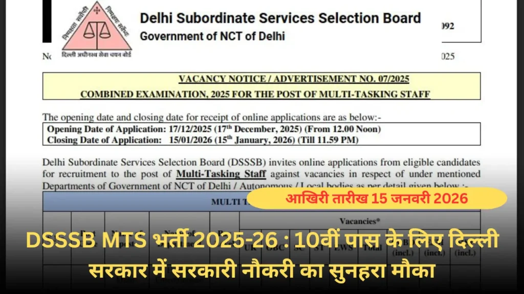 DSSSB MTS भर्ती 2025-26 : 10वीं पास के लिए दिल्ली सरकार में सरकारी नौकरी का सुनहरा मौका