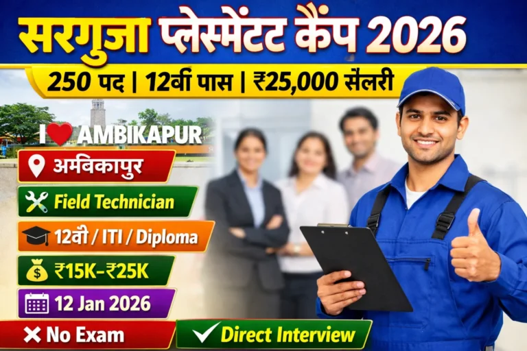 अम्बिकापुर प्लेसमेंट कैंप 2026 | 250 नौकरी | No Exam | ₹25,000 सैलरी