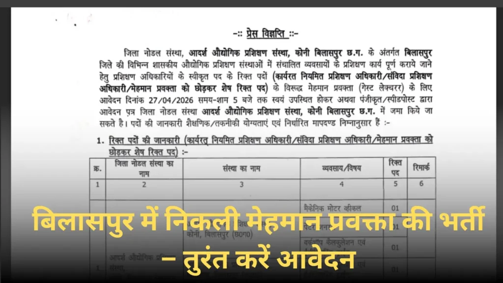 बिलासपुर प्रशिक्षण संस्थान में 6 पदों पर भर्ती जारी