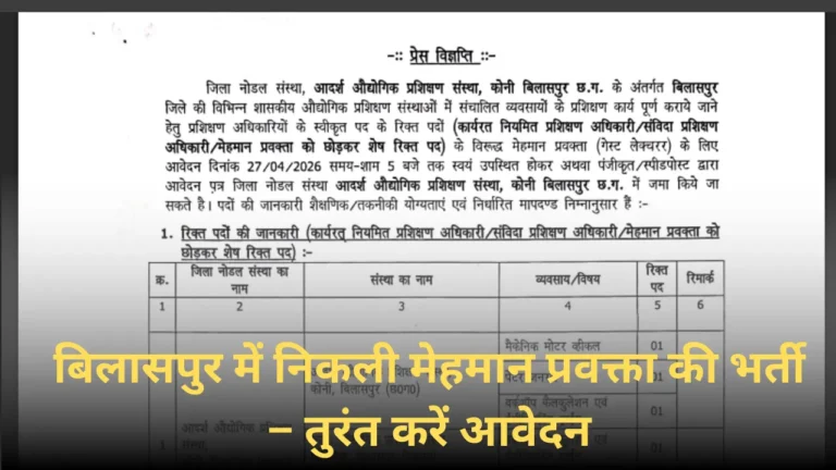 बिलासपुर प्रशिक्षण संस्थान में 6 पदों पर भर्ती जारी
